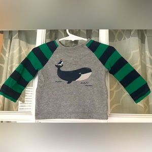 Baby Boden size 3-6 months mos navy & green whale shirt w/ embroidery waves EUC